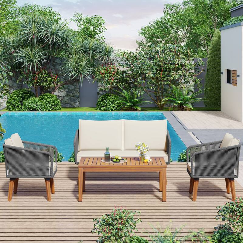 Outdoor 4-Piece Solid Wood Conversation Sofa Set with Coffee Table