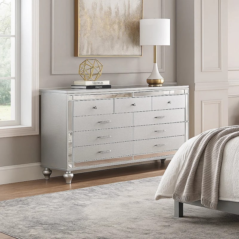 Bailey Wide Dresser, Mirror Trim and 9 Drawers, Silver Wood