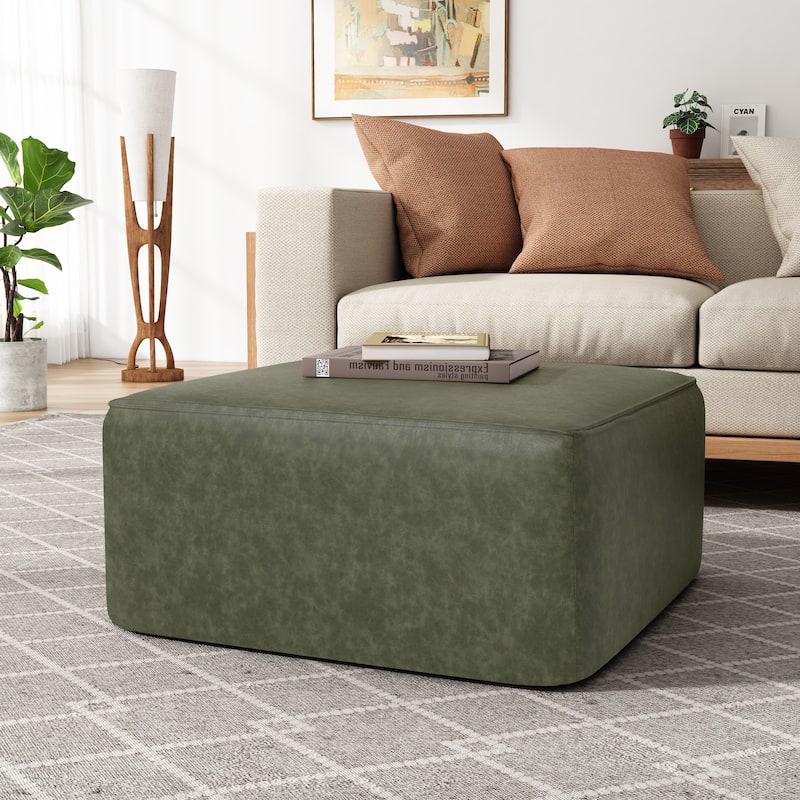 Square PU Leather Ottoman - Upholstered Footrest for Living Room - Green