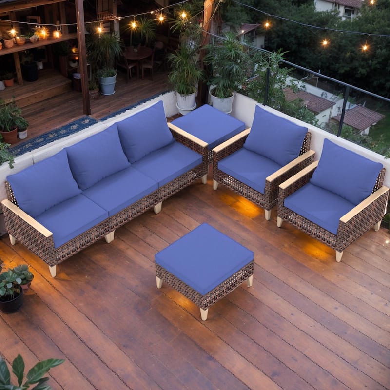 5-Piece High Footed Hollowed Out Rattan Furniture Set - 7-Seat Sofa Set with Cushions