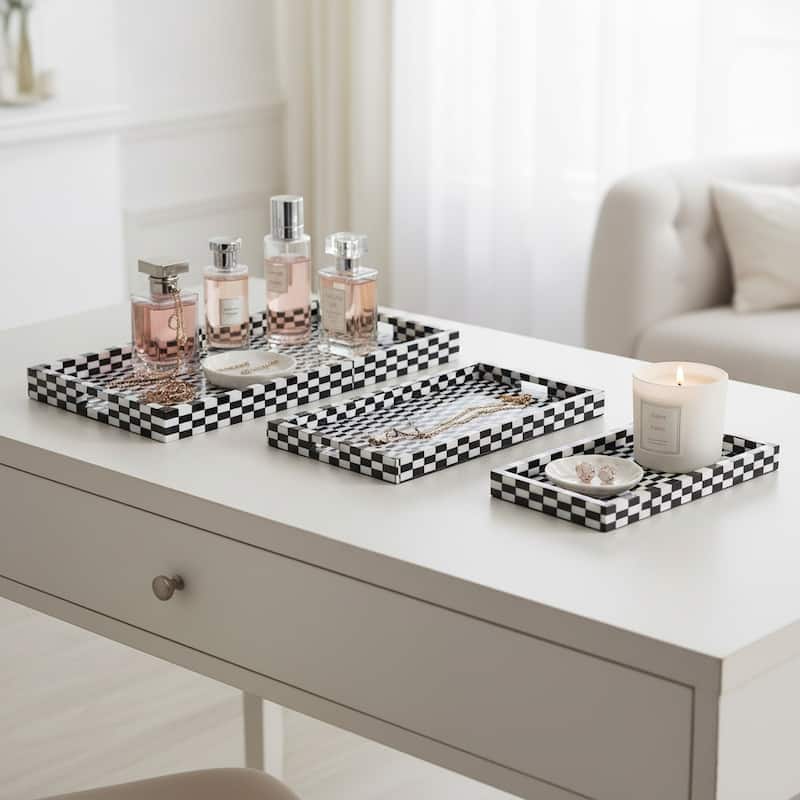 Resin Wood Geometric 3D Trays Set of 3 - Black, 13/18/24 in. - 24.0"