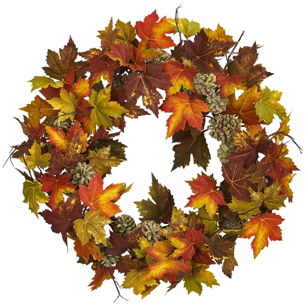 Maple and Pinecone Artificial Fall Harvest Wreath, 24-Inch, Unlit