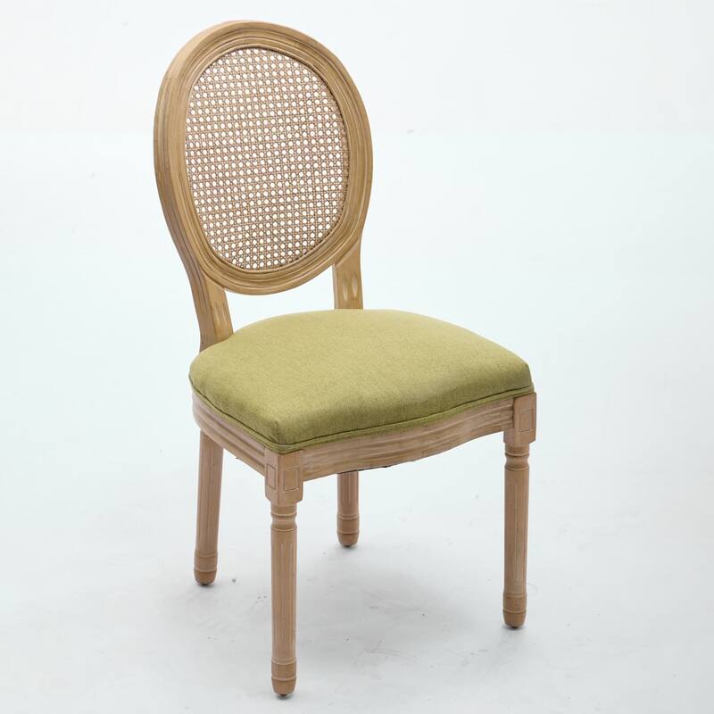 Set of 2 French Linen Upholstered Wood Dining Chairs with Rattan Back