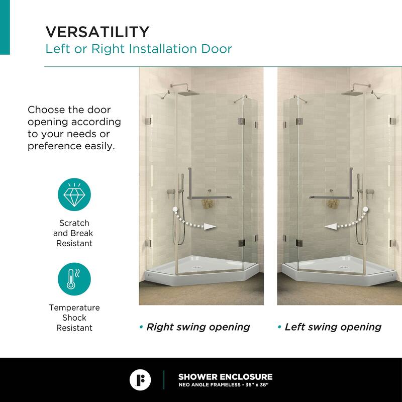 Neo Angle, Acrylic Shower Base with Compatible Glass Frameless Shower Enclosure