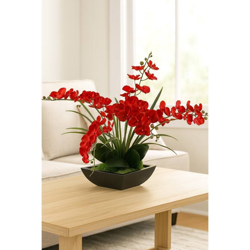 HomeStock Deep Red Phael Orchids in Square Metal Planter - Bold Faux Orchid Arrangement for Modern Homes - 10