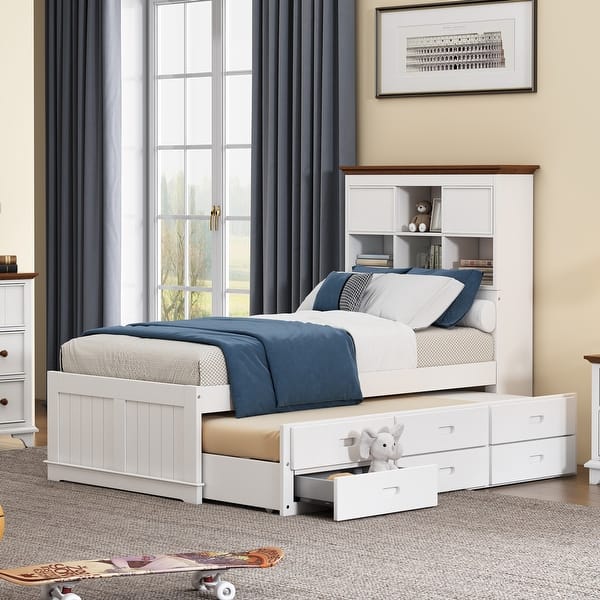 slide 2 of 19, Roomfitters Twin Size Captain's Bed with Twin Trundle and 3-Drawer Storage, Bookcase Headboard, Space-Saving Bed for Kids Twin