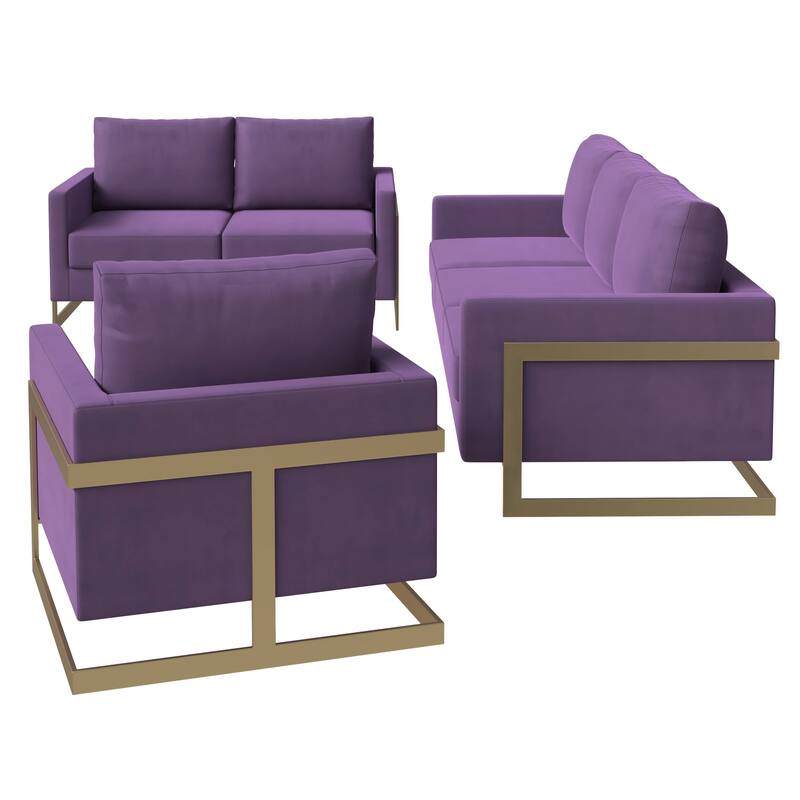 3-Piece Velvet Sofa Set with Gold Stainless Steel Base and Removable Cushions