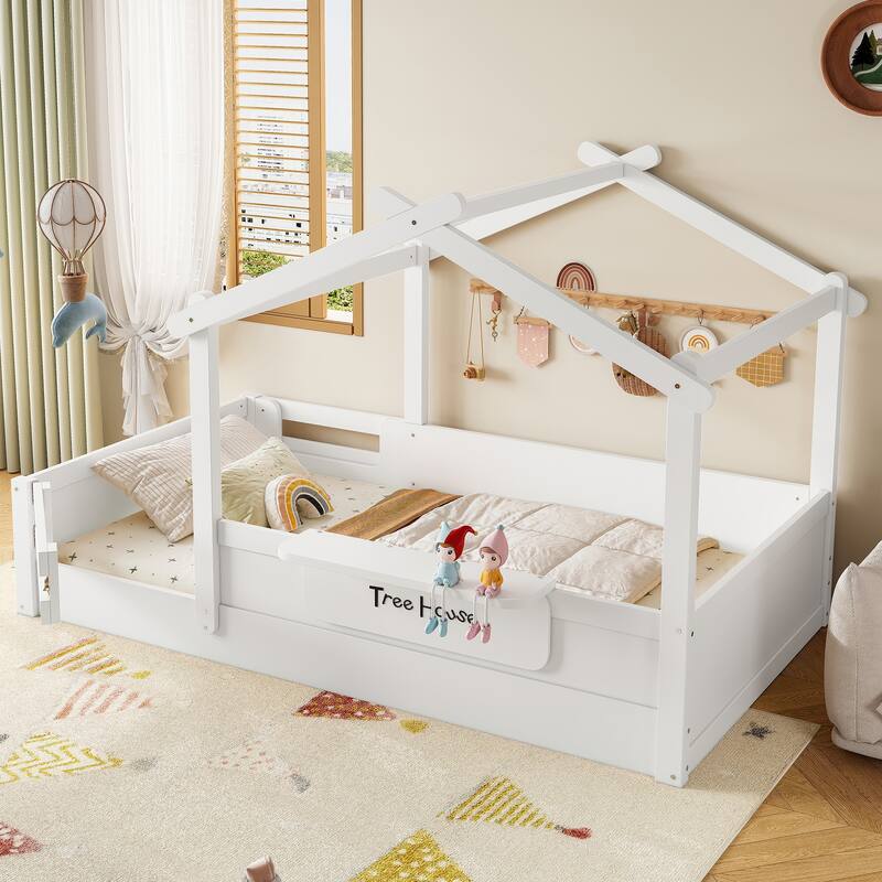 Kids House Floor Bed with Guardrails, Roof & Built-in Tray - Queen/Full/Twin Size, Childlike Design