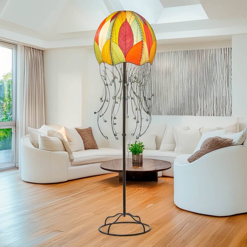 Handmade Jellyfish Large Floor Lamp, Cocoa Leaves Shade, 15 x 15 x 64 in.