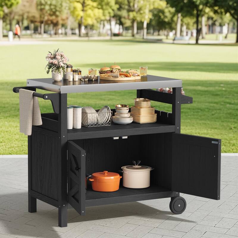 Outdoor Kitchen Cart with Stainless Steel Top, HDPE Patio Serving Cart with Storage