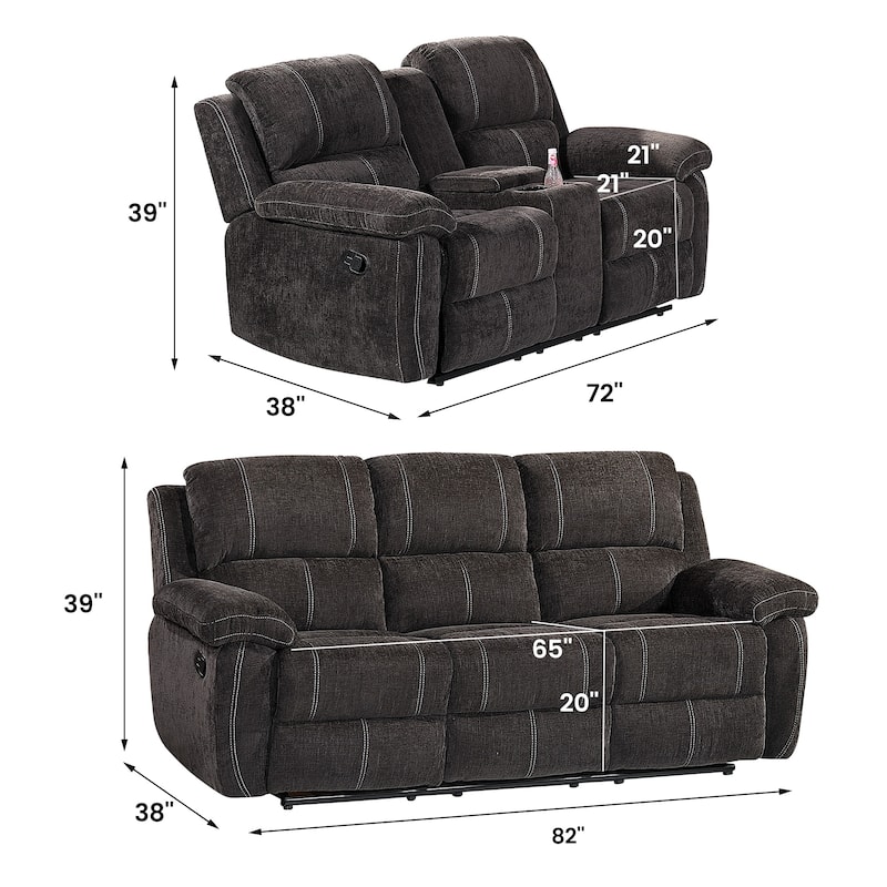 2PC Modern Fabric Manual Recliner Sofa Set, Couch, Loveseat w/Console