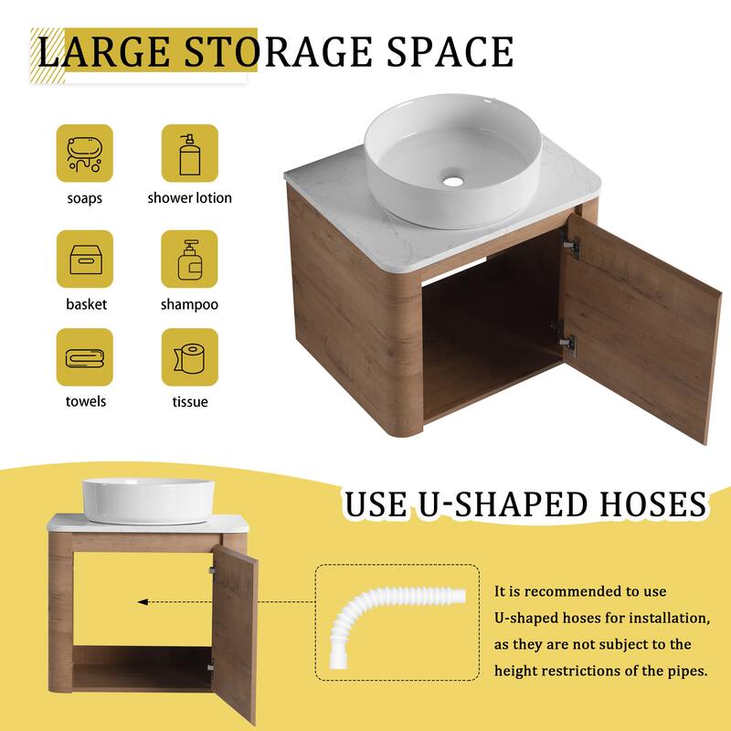 24'' Wall-Mounted Bathroom Vanity With Ceramic Art Sink & 1-Soft-Close Door,KD-Packing, Plywood