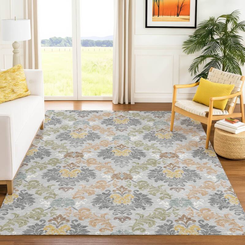 Machine Washable Indoor/ Outdoor Damask Patna Chantille Rug