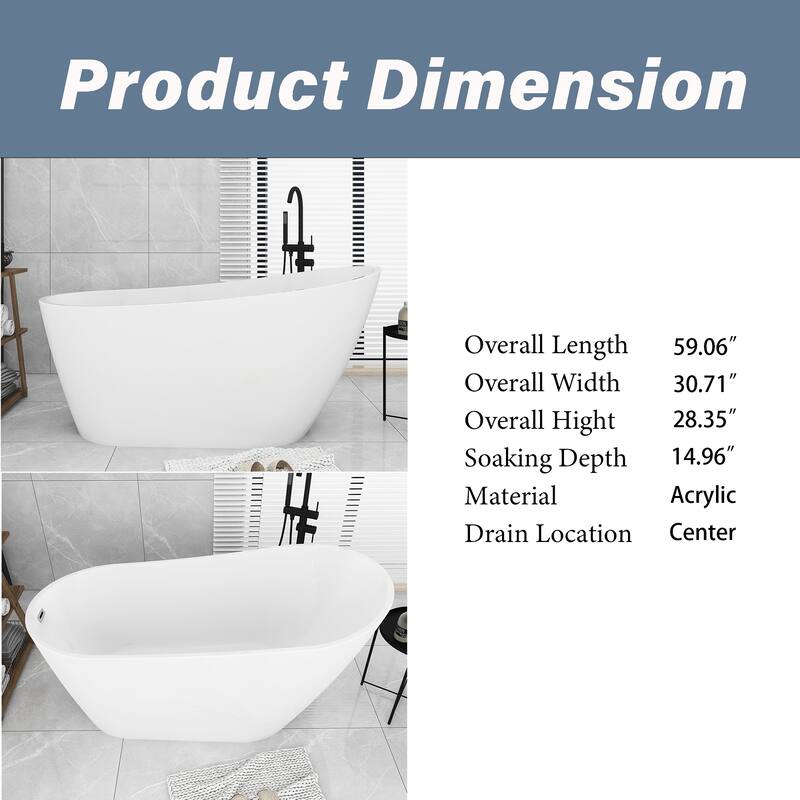 Acrylic Freestanding Flatbottom Soaking Bathtub in Glossy White