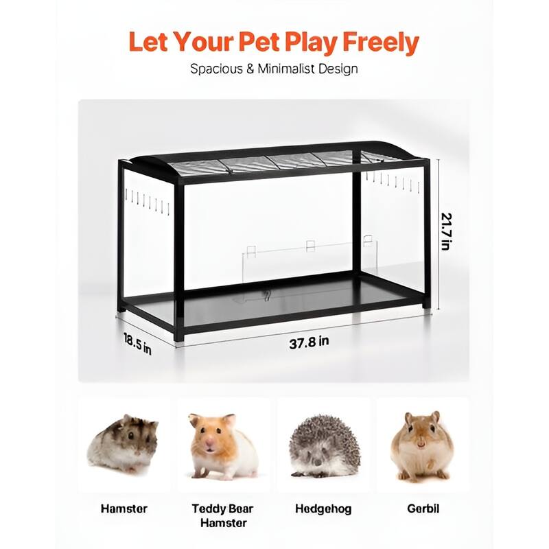Black Acrylic Metal Hamster Cage with Ventilation & Easy Clean - 37.8 x 18.5 x 21.7 inches