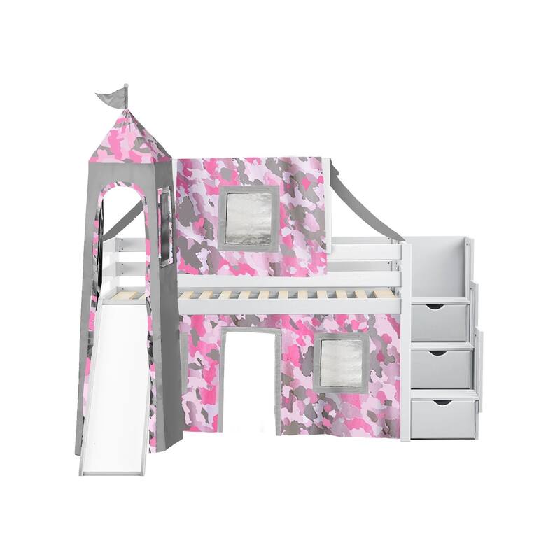 JACKPOT Prince & Princess Low Loft Twin Bed, Stairs Slide Tent & Tower
