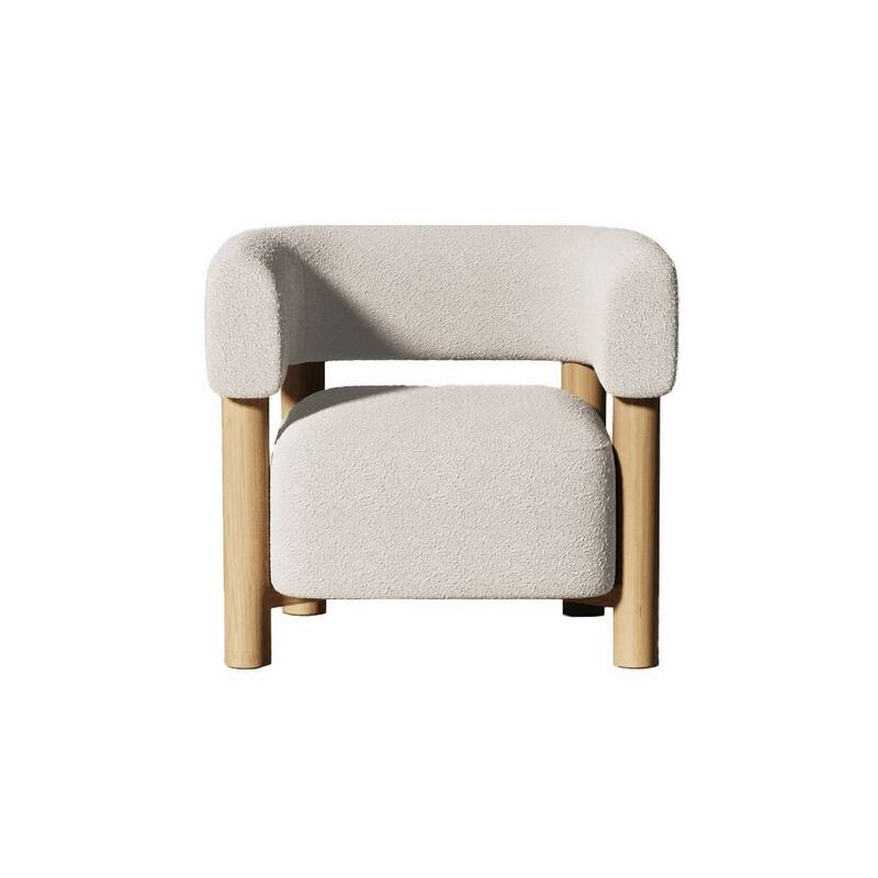 31 Inch Accent Chair, Modern Brown Wood Frame, White Fabric Upholstery