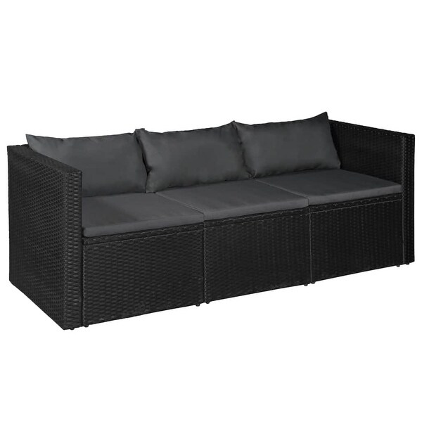 vidaXL 3 Seater Garden Sofa Black Poly Rattan with Gray Cushions