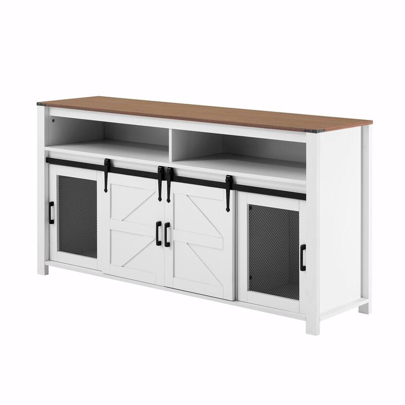 59.3'' Sideboard with Sliding Barn Door and Mesh Panels, Farmhouse Buffet with Open Storage