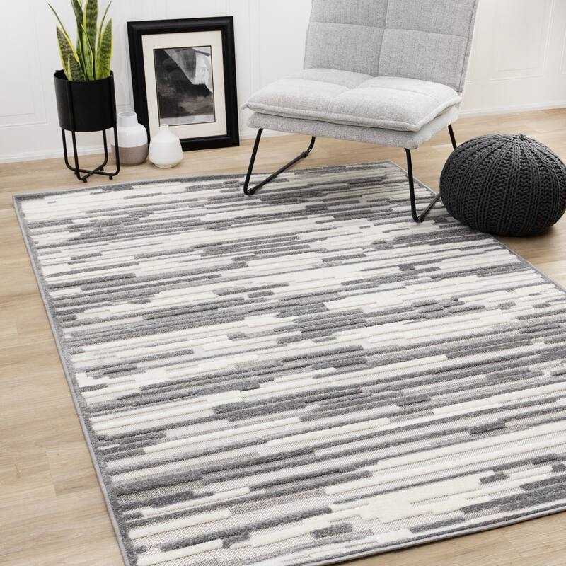 Oslo Collection - White Grey Abstract Area Rug - 7'10'' x 10'6''