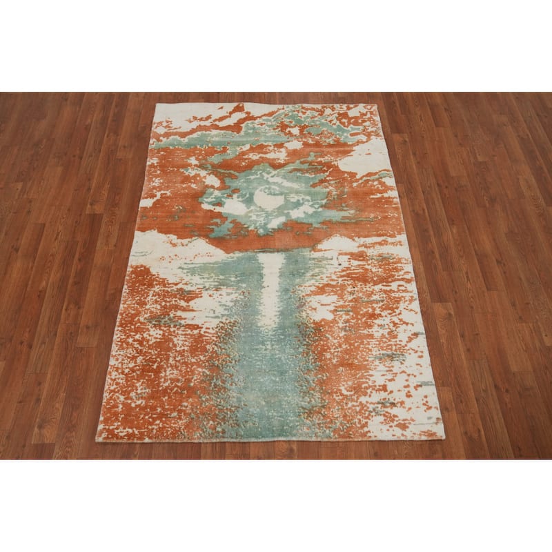 Hand-knotted Modern Silk Orange Abstract Oriental Area Rug - 5' 9'' X 4' 0''