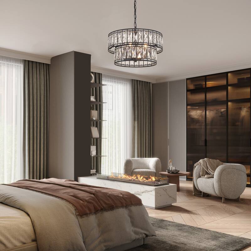 Aulia Modern Black Crystal 4-Light Drum Chandelier Lights for Dining Room - Dia.15.5" x H10"