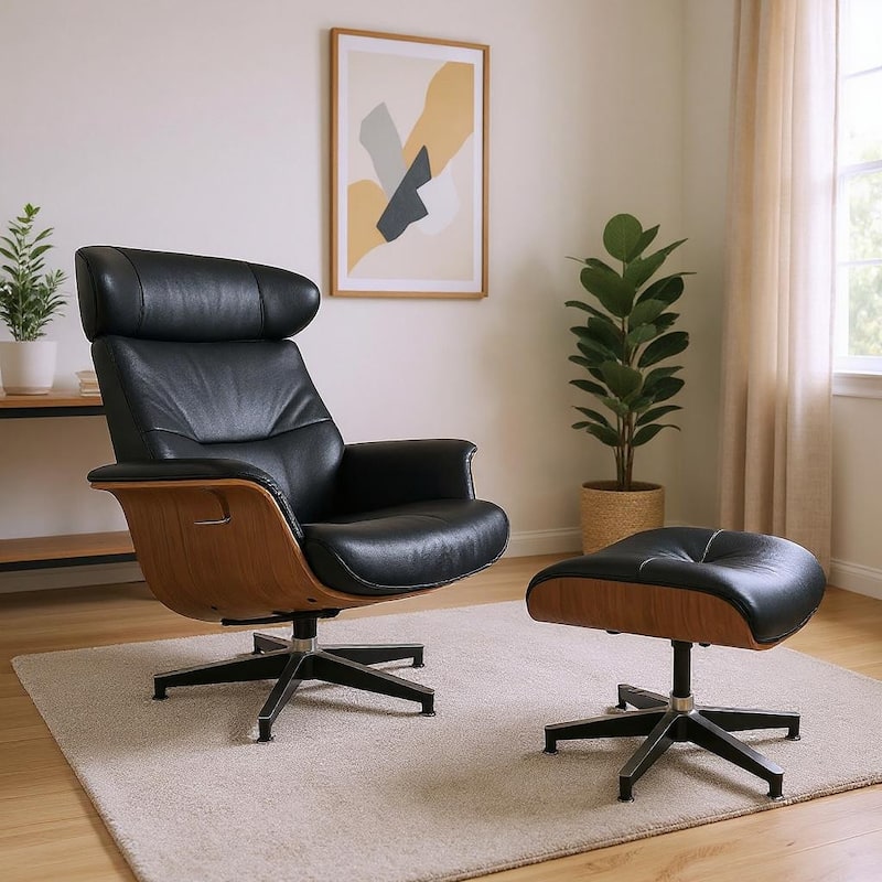 HomeRoots 33" Black and Walnut Leather And Wood Swivel Lounge Chair With Ottoman - 33.46 in. x 40.55 in. x 41.73 in. - 33.46 in. x 40.55 in.  x 41.73 in.
