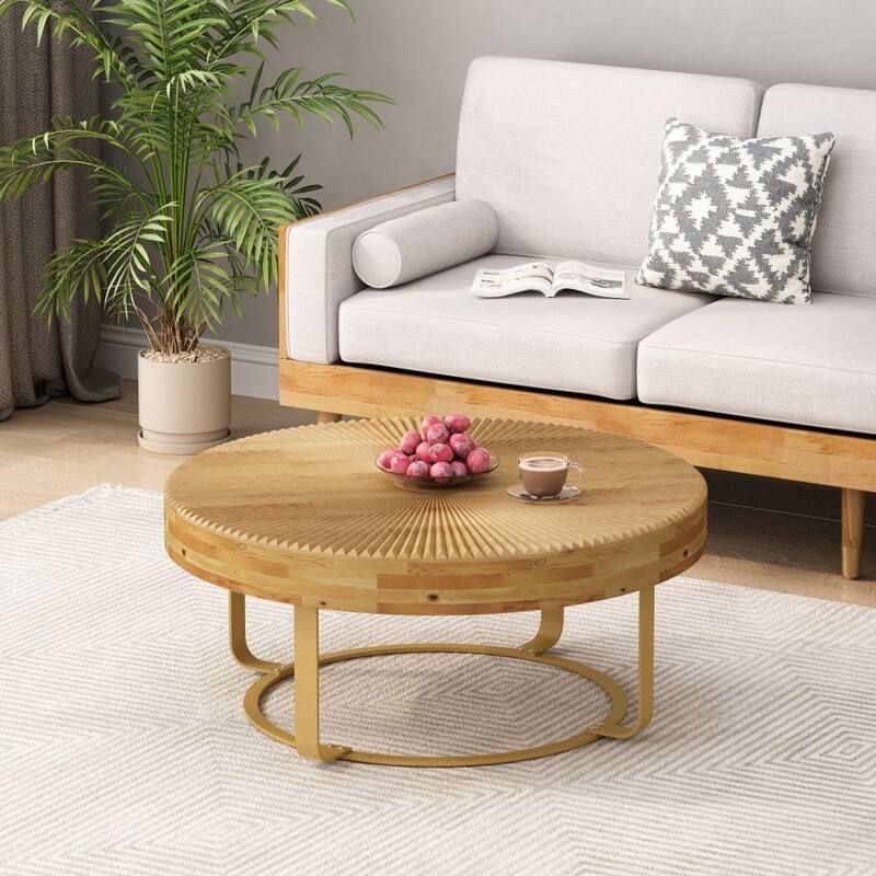 Modern Round Wooden Carving Pattern Coffee Table - Natural+Gold