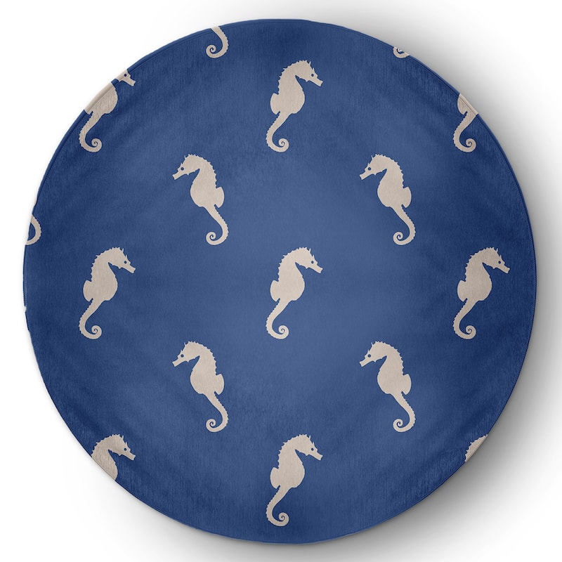 Sea Horses Beach Style Chenille Area Rug - Nautical Navy - 5' Round