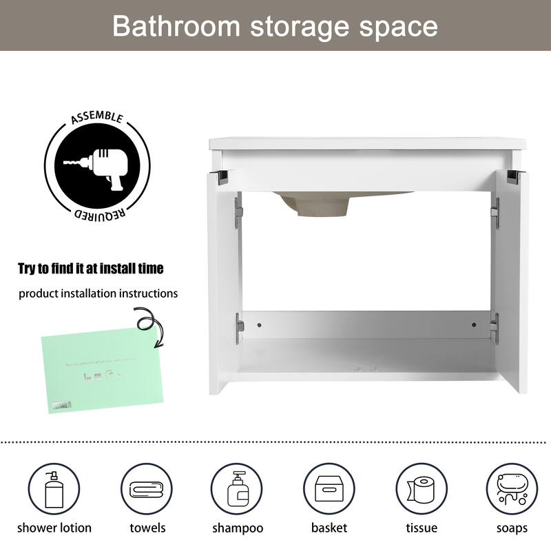 Malwee 24"/30"/36"/48" Floating Bathroom Vanity, Wall Mounted Bathroom Vanity with Resin Top,Soft Close Doors