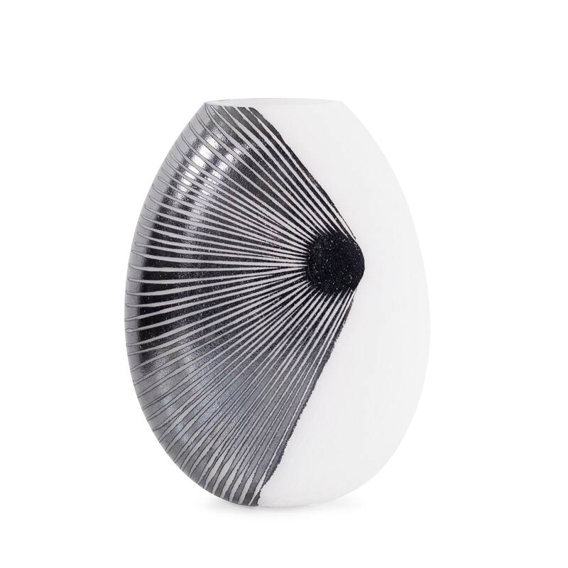Allan Andrews Contemporary Glossy White Blown Glass Vase with Black Rays