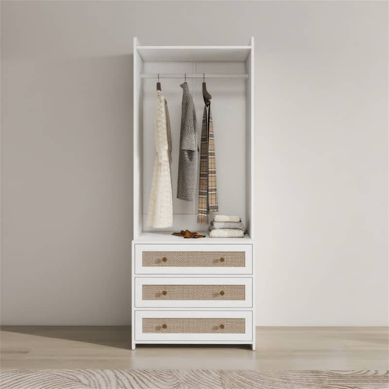 Modern Tall Wardrobe with 3 Rattan Drawers, Versatile Armoire - White