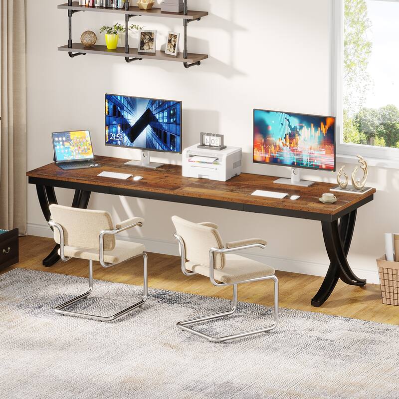 78.7-Inch Extra Long Double Desk 2-Person Home Office Computer Desk - Rustic Brown+Black