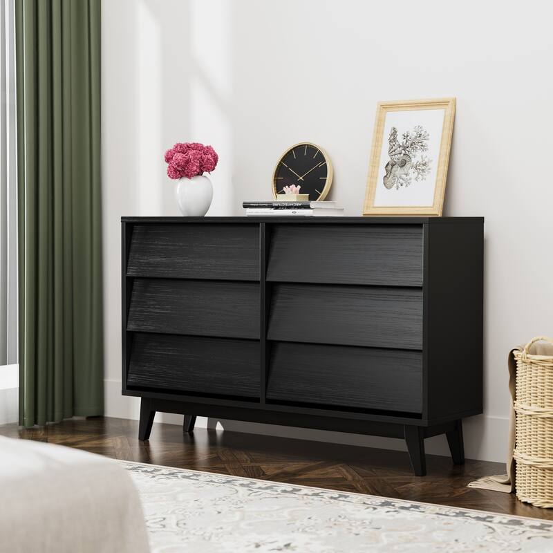 6 Drawer Dresser for Bedroom, Wide Wooden Storage Organizer, Double Dresses with Concealed Drawer Handles, Solid Wood Legs