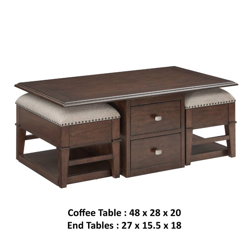 Merry Coffee Table with 2 Nesting Ottomans, Brown Wood, Beige