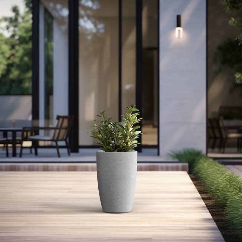 Tall Concrete Round Plant Pots / Large Indoor and Outdoor flower Planters - 14 Inch x 18.5 Inch - Stone Finish
