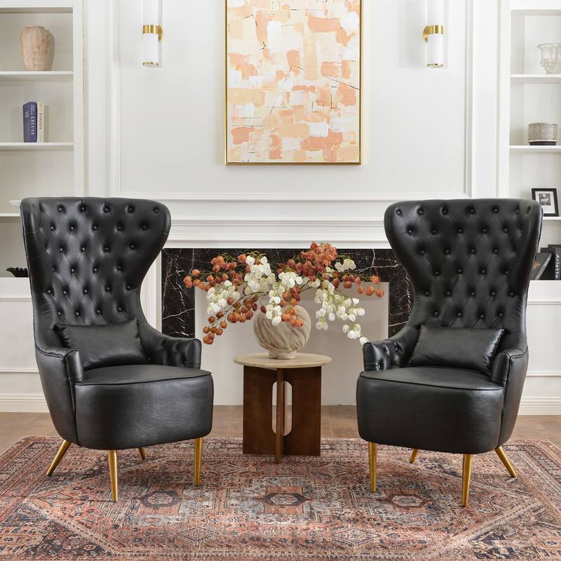 KINWELL Upholstered Tufted Faux Leather Wingback Chair PU Accent Chair - Set of 2 - Black