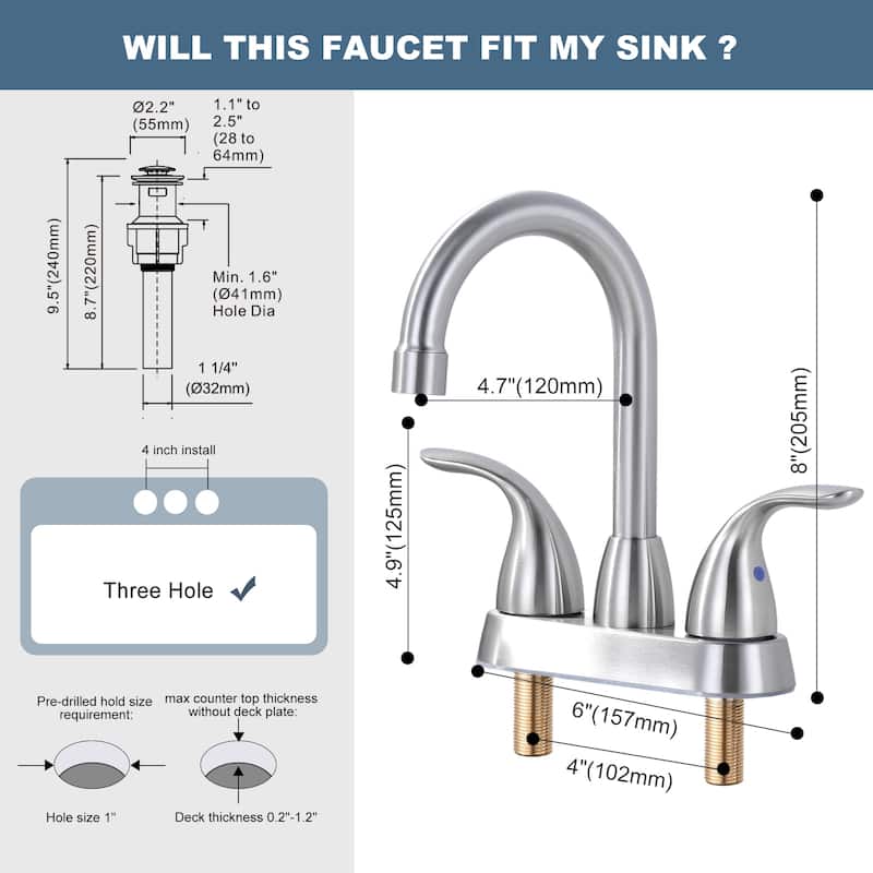 WOWOW 4 in. Centerset Double Handle High Arc Bathroom Faucet