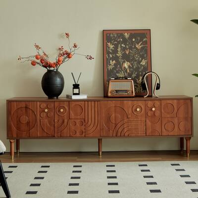 Mid-Century Modern TV Stand-Walnut Entertainment Center with 4 Storage Cabinets, Fits 55+ Inch TVs, Minimalist Design for Living