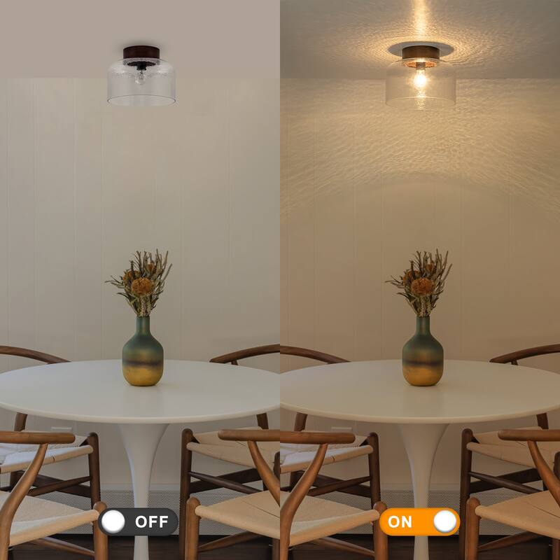 1-Light Wood Flush Mount Ceiling Light with Clear Textured Glass Shade - Dia.11.81-in