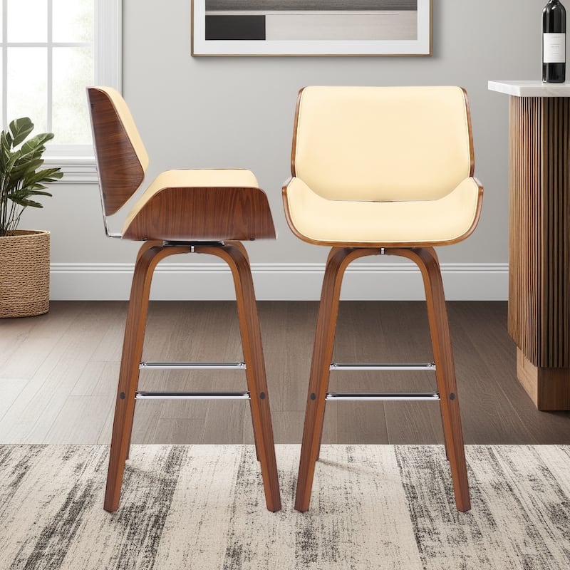 Tyler Mid-Century Swivel Bar Stool, Upholstered Counter Height Chair with Bentwood Legs - Cream & Walnut - Bar Height
