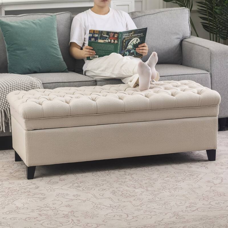 Adeco Linen Rectangle Storage Ottoman for Living Room Bedroom