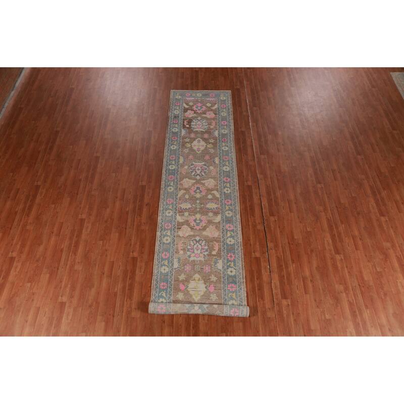 Hand Knotted Oriental 100% Wool Carpet Transitional Floral Brown Oushak Runner Rug - 14' 11'' X 3' 2''