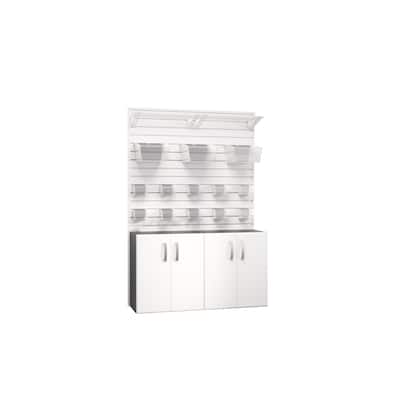 18 Piece Slatwall Panel, Cabinet, Bin, Shelf Storage Set- White Slat Wall/White Cabinet