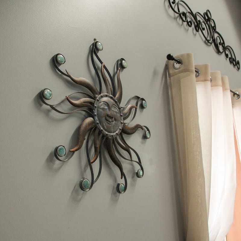 Zeckos Copper Metal Sun Face Wall Hanging Ceramic Bead Accents