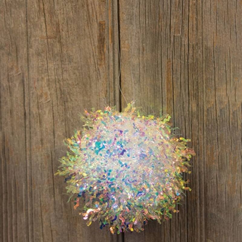 White Opalescent Tinsel Ball Ornament with Clear Hanger Christmas Decor 4.5x4.5 in - 4.5" H x 4.5" diameter