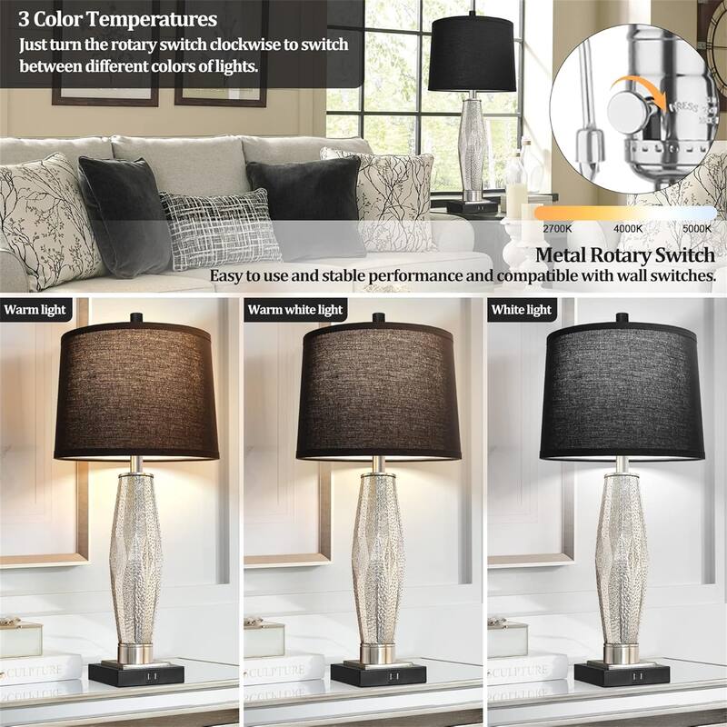 2 PCS Table Lamps with USB A+C Charging Ports (LED Bulbs Included)