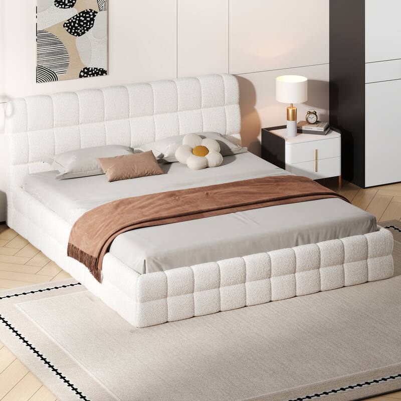 Upholstered Platform Bed with Headboard, No Box Spring Needed Low Profile Bed, Wood Slat Support Grounding Bed