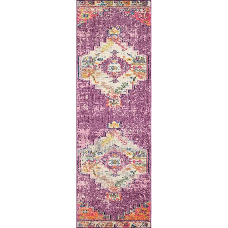 Noori Rug Sapphire Distressed Delma Multicolor Area Rug - 2'8" x 8'0" Runner - Purple/Ivory