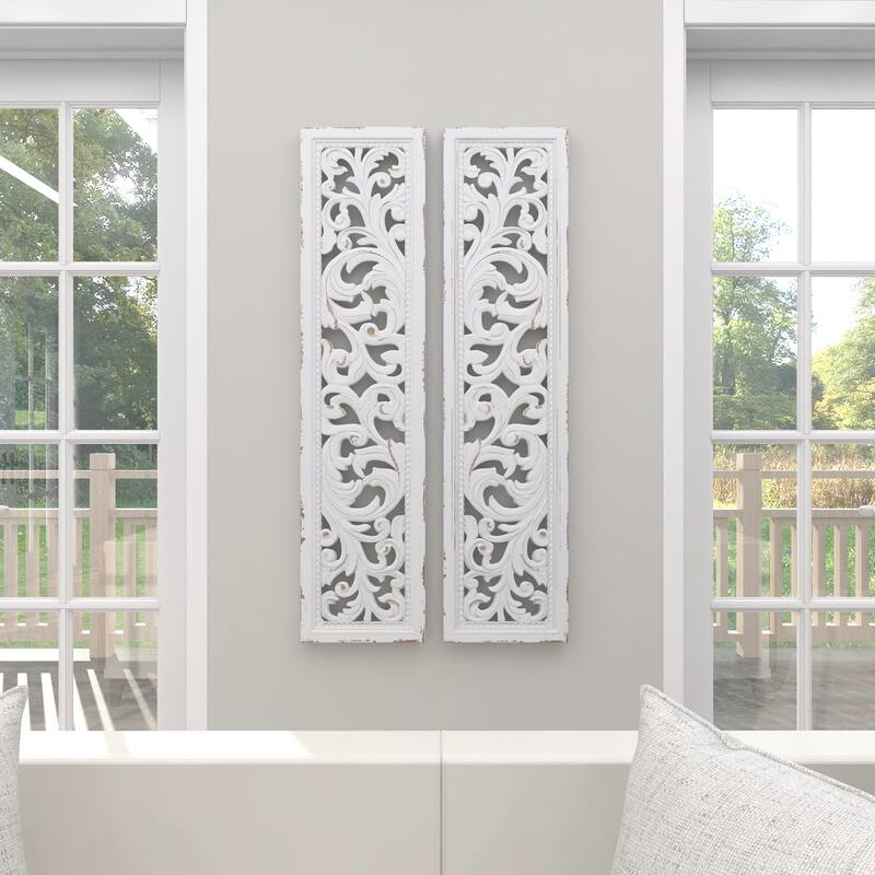White Wood Handmade Slim Distressed Carved Panel Scroll Home Wall Decor (Set of 2)